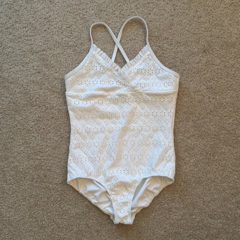 NWOT Lands' End White Floral One-Piece Swimsuit Girls Size 12